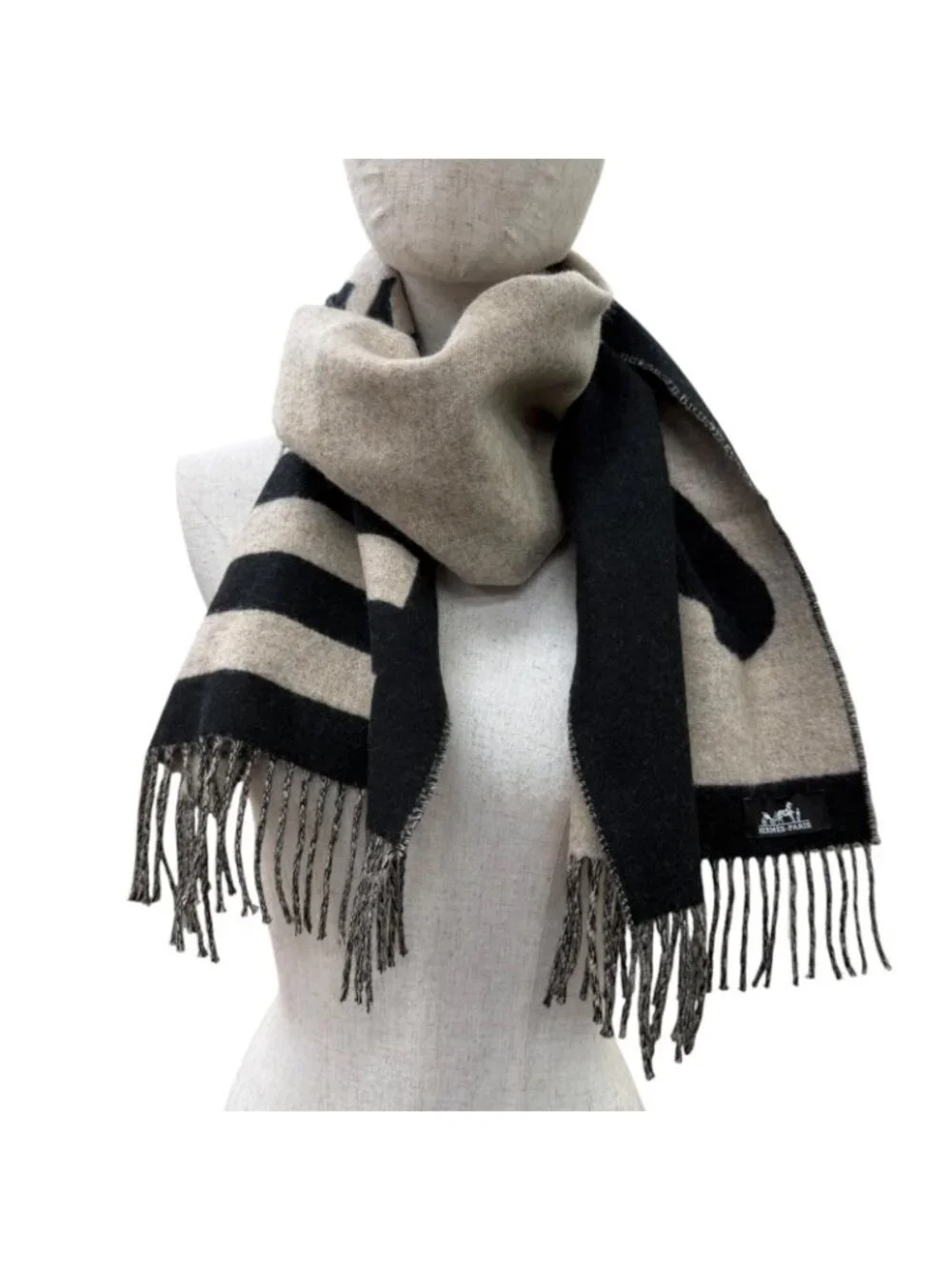 Hermes Love Story Scarf Cashmere with Fringe Horse Pattern Black Beige